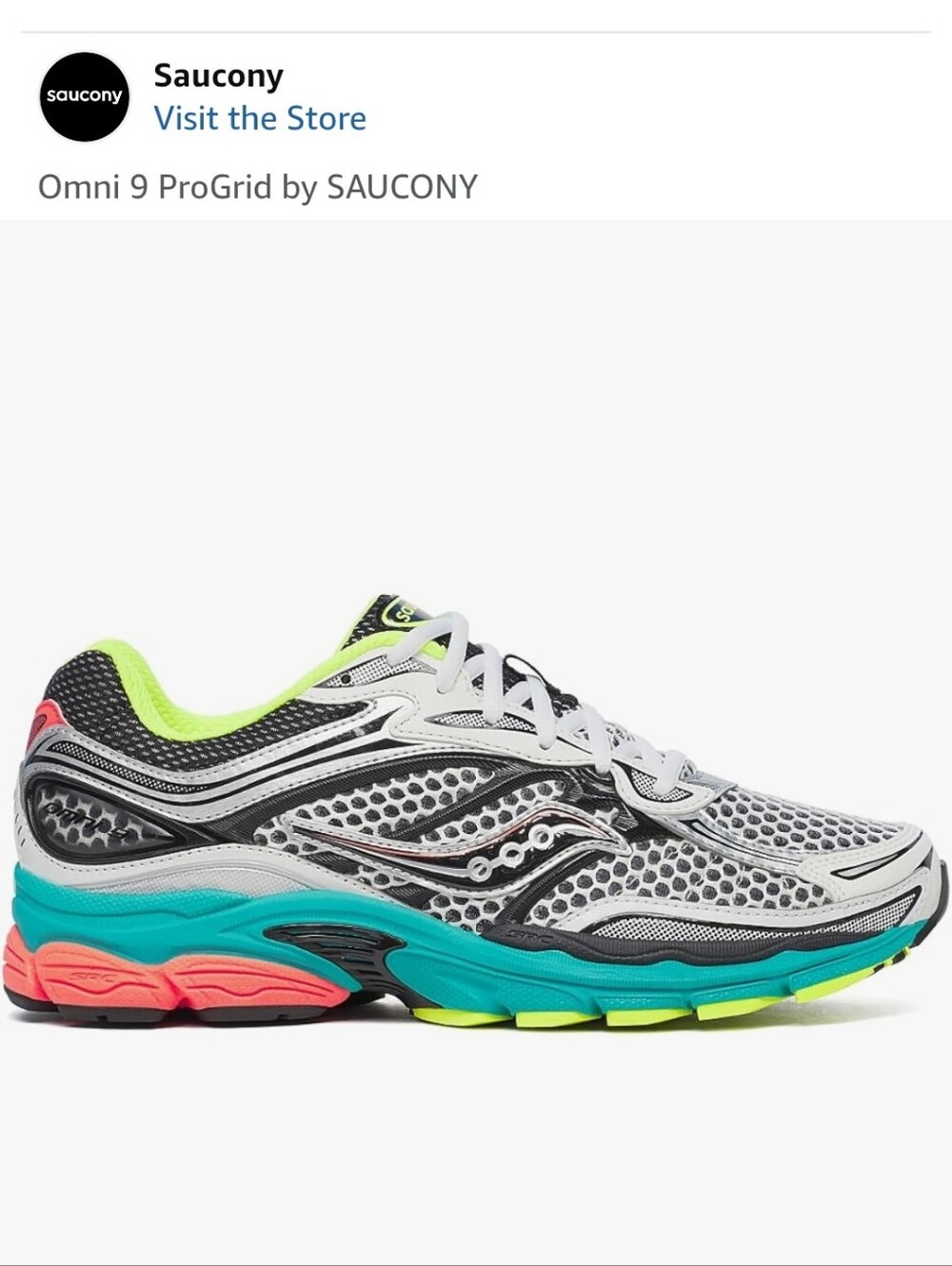 Saucony Men Progrid’s 9 Silver Mesh Running Shoes with Teal & Neon Yellow Accent